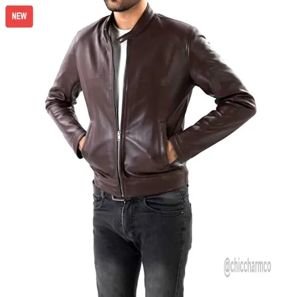 Men's Lambskin Leather Motorcycle Jacket Snap Tab Collar Quilted Lining